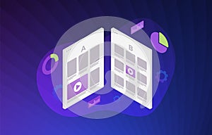 A B split testing illustration concept - two webpages with a different web development UI interface. A-B comparison