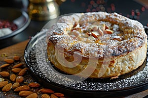 B'stilla or Bastilla, a Savory Moroccan Chicken Pie, Pastilla Pigeon Pie Topped with Almonds and Powdered Sugar