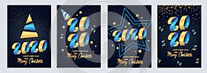 2020 new year. Ribbons and stars. Set of Christmas sparkling templates for holiday banners, flyers, cards, invitations,