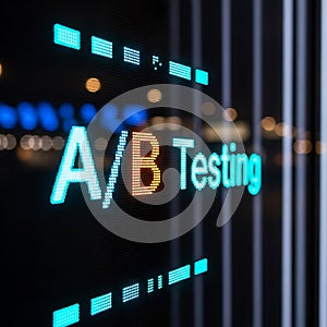 A b testing illuminated with glowing digital letters on dark background