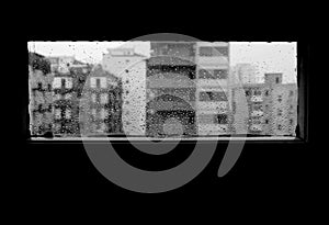 B&w panorama from the window while is raining, sad mood