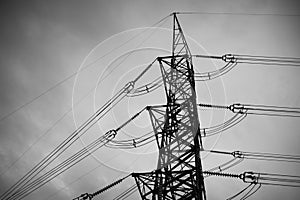 B&W power line, high voltage Pole, High voltage tower sky background