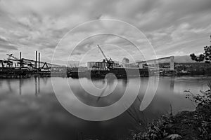 A B and W view of the Port of Vancouver with long exposure.