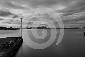 A B and W view of the Port of Vancouver with long exposure.