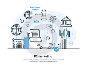 B2 marketing effective business strategy web banner. Interaction between business companies process. Market research, development