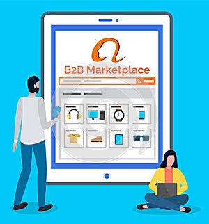 B2b marketplace, online shop at digital tablet, customers man and woman choosing clothes, products