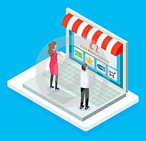 B2b marketplace, online shop, isometric 3d laptop, customers man and woman choosing products