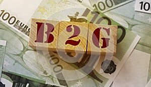 B2G for business to government on wooden cubes over 100 Euro banknotes. Business marketing management concept