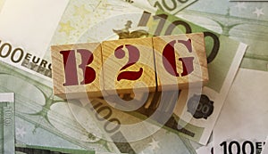 B2G for business to government on wooden cubes over 100 Euro banknotes. Business marketing management concept