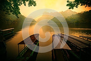 Ba Be lake, Bac Kan province, Vietnam - April 4, 2017 : tourists on the boat are going to enjoy and explore Ba Be lake.