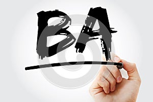 BA - Business Agility acronym with marker, concept background