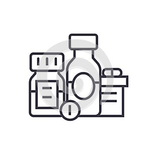 Baa, biologically active additives, pills, medicament flat line illustration, concept vector isolated icon on white photo