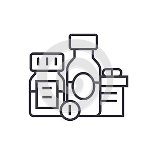 Baa, biologically active additives, pills, medicament flat line illustration, concept vector isolated icon on white