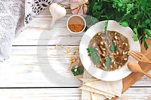 Baba ganoush - traditional arabian eggplant dip with flat bread