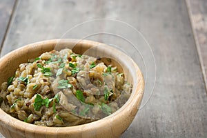 Baba ganoush in wooden bowl