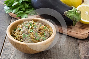 Baba ganoush in wooden bowl