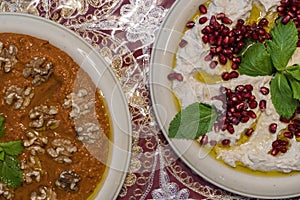 Baba Ghanoush or Baba Ghanoush,a salad dip made of eggplant and Red Muhammara. horizontal top view
