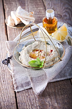 Baba ghanoush, eggplant dip, mediterranean food.