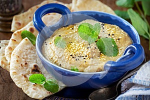 Baba ghanoush or eggplant hummus with bread photo