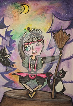 Baba Yaga with a cat and a crow