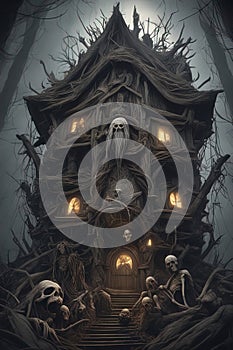 Baba Yaga, dark and scary night, above a pile of corpses, fantasy, intricate, elegant, highly detailed