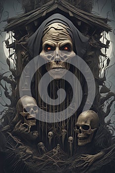 Baba Yaga, dark and scary night, above a pile of corpses, fantasy, intricate, elegant, highly detailed