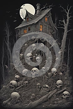 Baba Yaga, dark and scary night, above a pile of corpses, fantasy, intricate, elegant, highly detailed