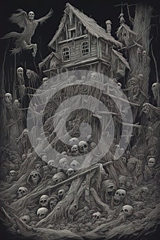 Baba Yaga, dark and scary night, above a pile of corpses, fantasy, intricate, elegant, highly detailed