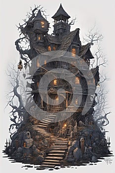 Baba Yaga, dark and scary night, above a pile of corpses, fantasy, intricate, elegant, highly detailed