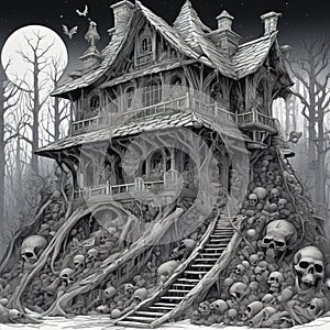 Baba Yaga, dark and scary night, above a pile of corpses, fantasy, intricate, elegant, highly detailed