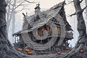 Baba Yaga, dark and scary night, above a pile of corpses, fantasy, intricate, elegant, highly detailed