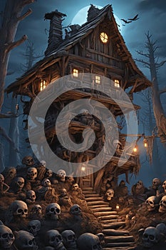 Baba Yaga, dark and scary night, above a pile of corpses, fantasy, intricate, elegant, highly detailed