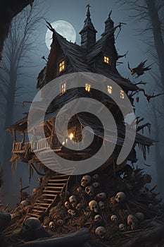 Baba Yaga, dark and scary night, above a pile of corpses, fantasy, intricate, elegant, highly detailed