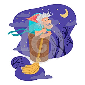Baba Yaga from Russian fairy tales. A terrible old woman, flying in a wooden mortar with a broom. Witch. Vector