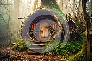 Baba yaga's hut in an enchanted forest