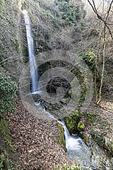 Babadag Yardan Waterfall. Yardan waterfall in mountain forest under blue sky. Babadag, Denizli, Turkey