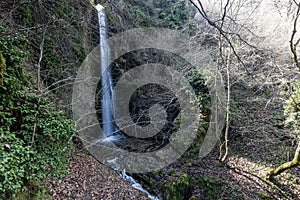 Babadag Yardan Waterfall. Yardan waterfall in mountain forest under blue sky. Babadag, Denizli, Turkey