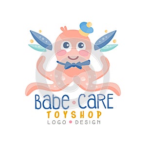 Babe care toyshop logo design, badge with cute octopus can be used for baby store, kids market vector Illustration on a