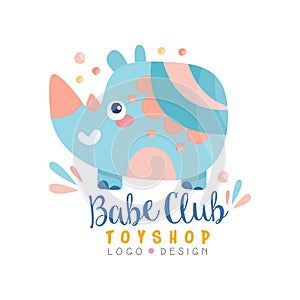 Babe club toyshop logo design, badge with cute rhino can be used for baby store, kids market vector Illustration on a photo