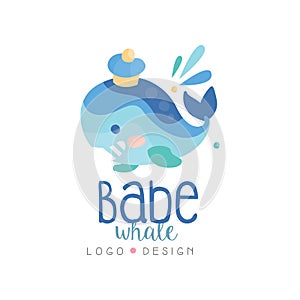 Babe whale logo design, emblem can be used for kids club, baby shop, kids market, kindergarten and any other children