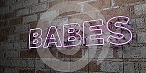 BABES - Glowing Neon Sign on stonework wall - 3D rendered royalty free stock illustration