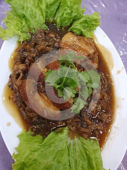 Babi Hong, porkbelly dish, braised & steamed in numbers of chinese seasonings, with shitake mushroom & dried salted mustard greens