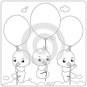 Babies with balloons in the sky. Baby shower party newborn baby. Vector black and white coloring page.