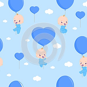 Babies with blue balloons. Baby shower party background with babies and balloons in the sky. Seamless pattern. Vector Illustration