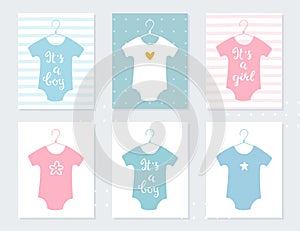 Babies Bodysuits Clothes on Hangers. Baby Announcement Cards. It's a Boy. It's a Girl. Hand Lettering Signs