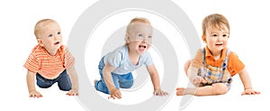 Babies Boys, Crawling and Sitting Infant Kids Group, Toddlers Children on White photo