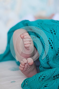 Babies cute small heels feet over the turquoise knitted blanket. Selective focus.