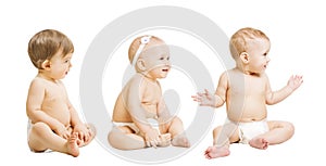 Babies in Diapers Sit over White, Kids Toddlers, Sitting Boys an