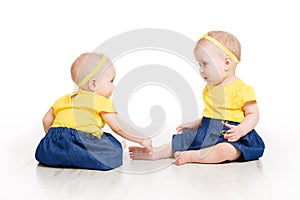 Babies Girls Twins, Two Kids Sitting on Floor, Children Sisters