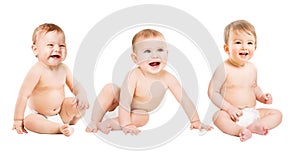 Babies group in Diapers, Happy Infant Kids, Toddlers Children Sitting on White